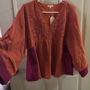 JODIFL Vibrant Orange and Purple Embroidered Blouse